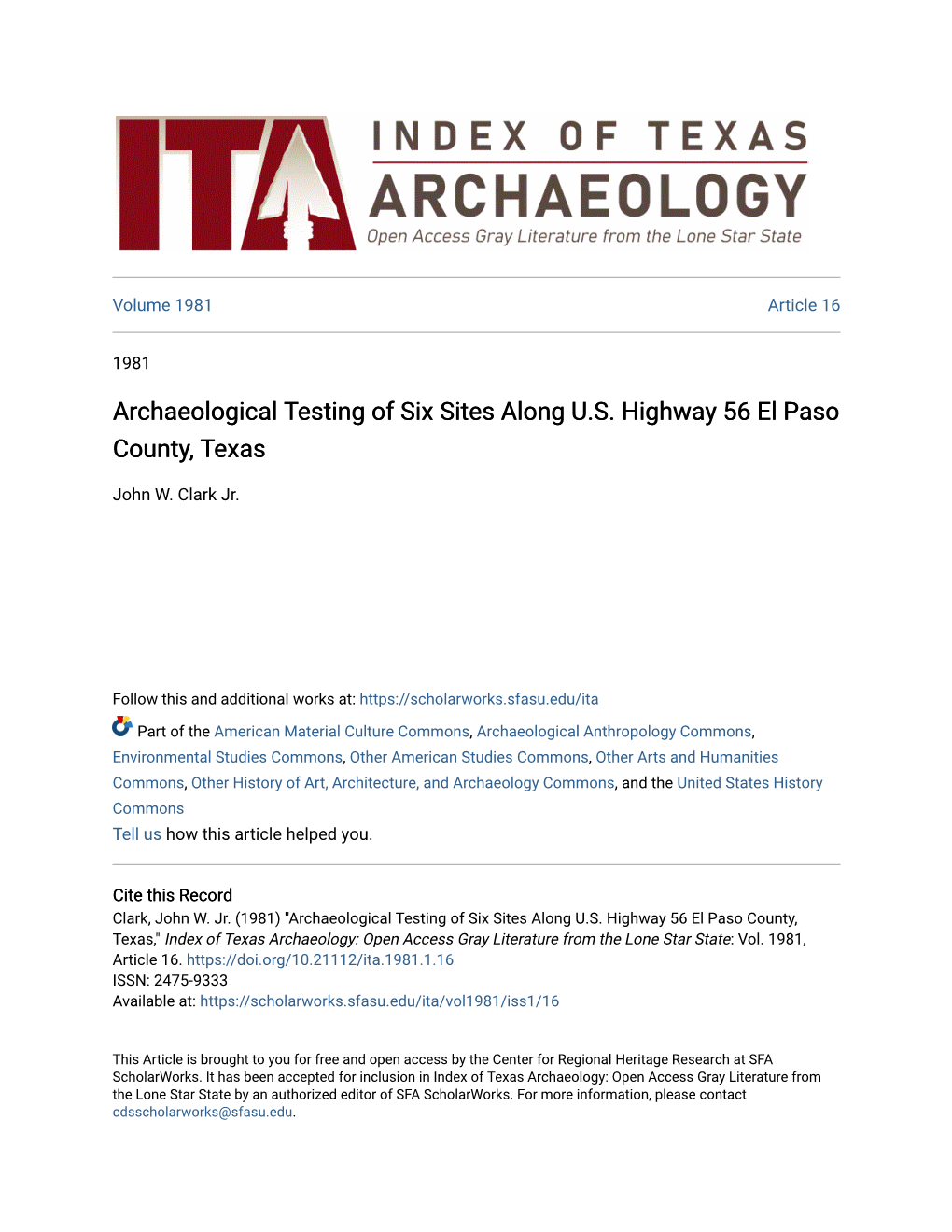 Archaeological Testing of Six Sites Along U.S. Highway 56 El Paso County, Texas
