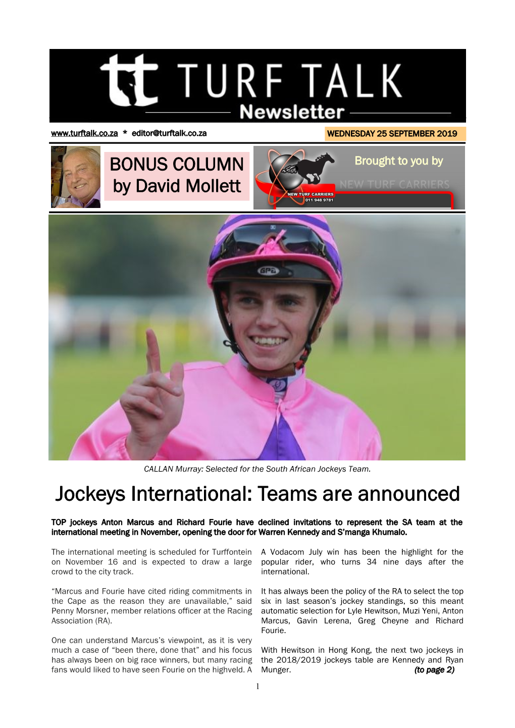 Jockeys International: Teams Are Announced