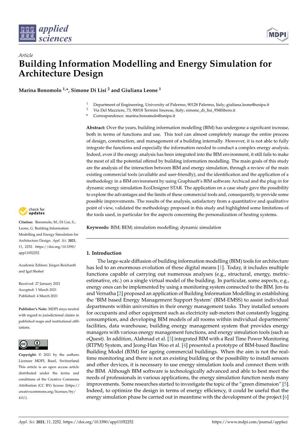 Building Information Modelling and Energy Simulation for Architecture Design