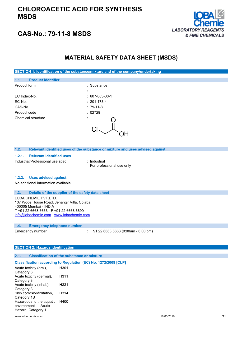 CHLOROACETIC ACID for SYNTHESIS MSDS CAS-No