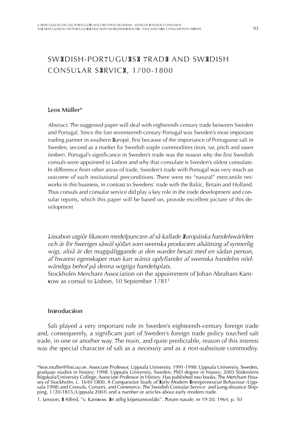 Swedish-Portuguese Trade and Swedish Consular Service, 1700-1800