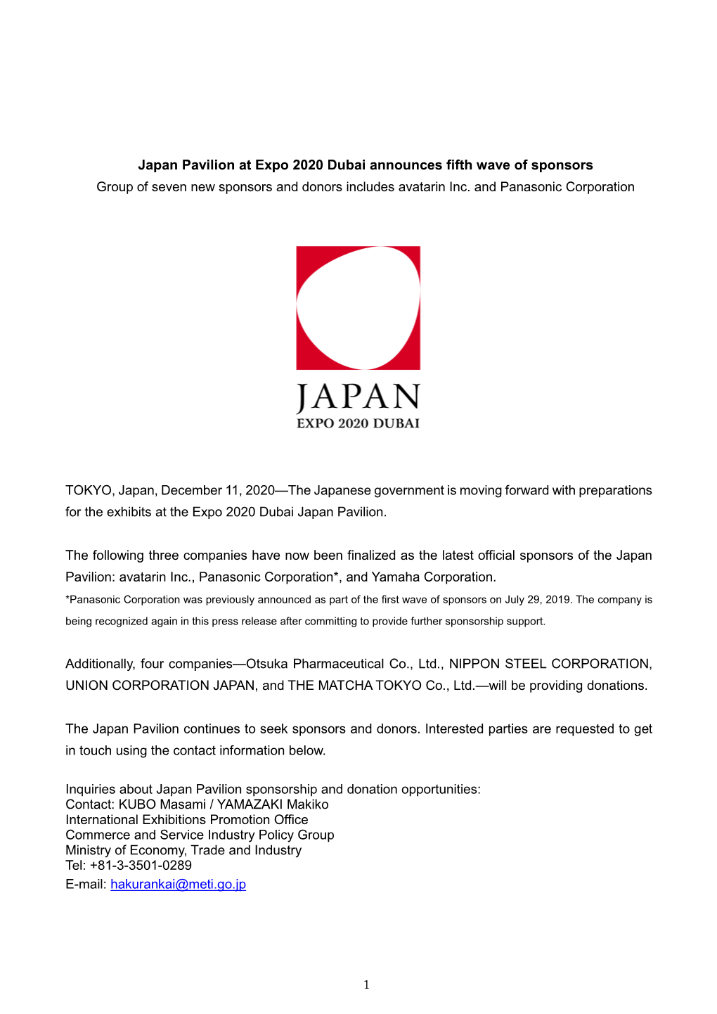 Japan Pavilion at Expo 2020 Dubai Announces Fifth Wave of Sponsors Group of Seven New Sponsors and Donors Includes Avatarin Inc