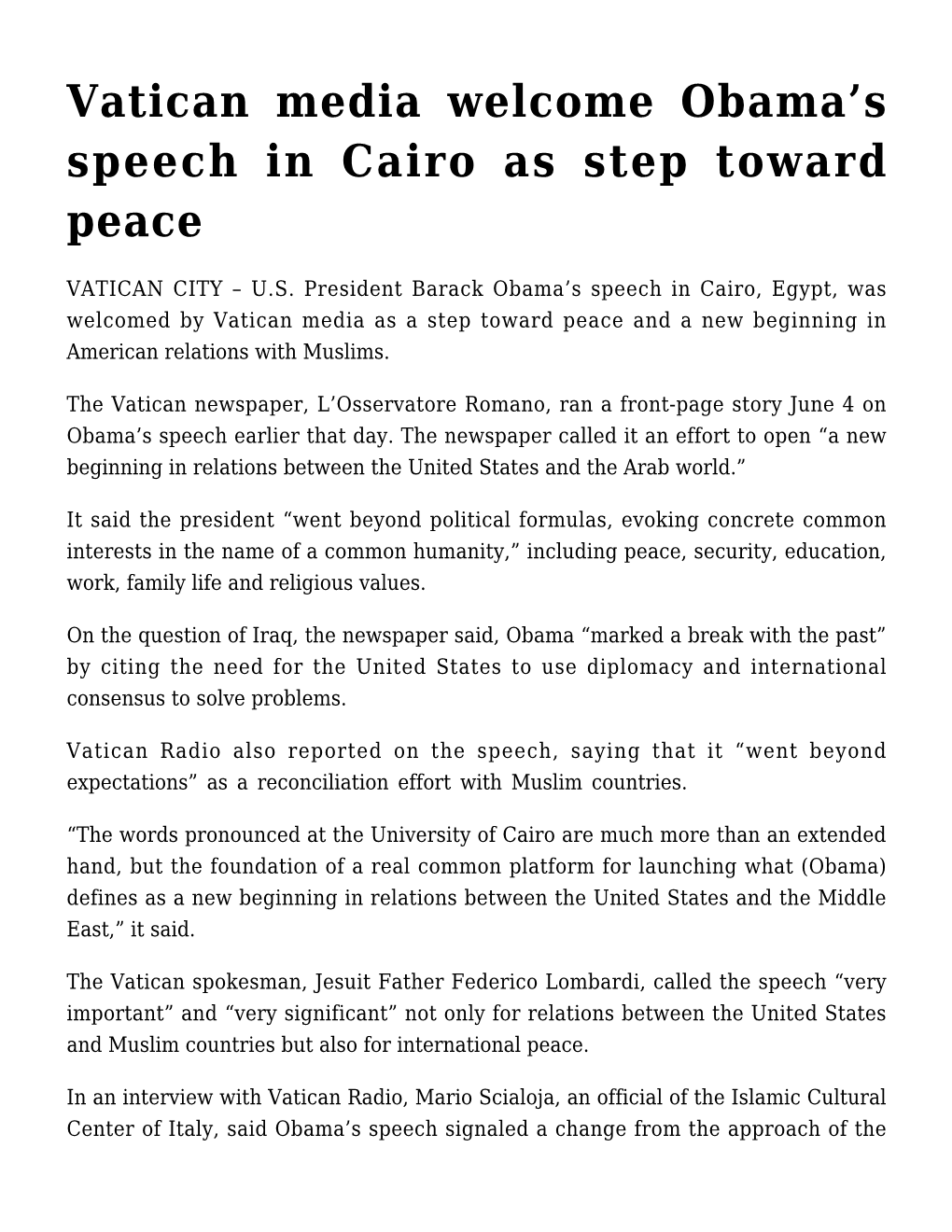 Vatican Media Welcome Obama's Speech in Cairo As Step Toward Peace