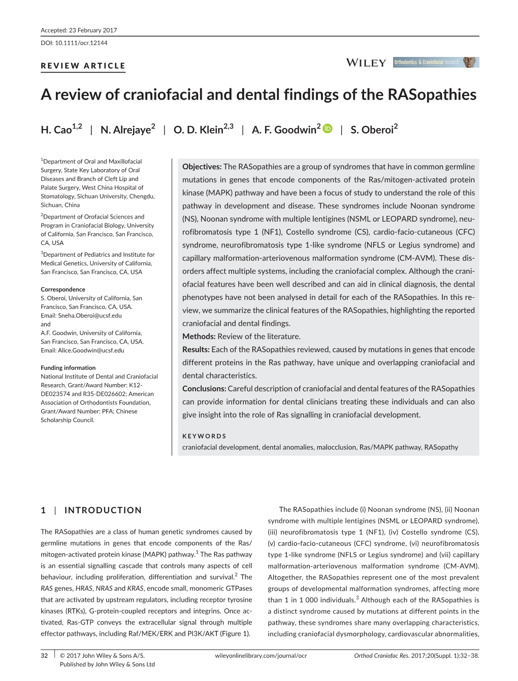 A Review of Craniofacial and Dental Findings of the Rasopathies