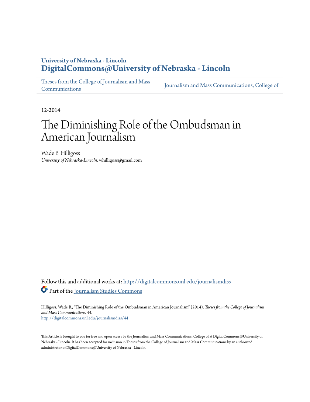 The Diminishing Role of the Ombudsman in American Journalism Wade B