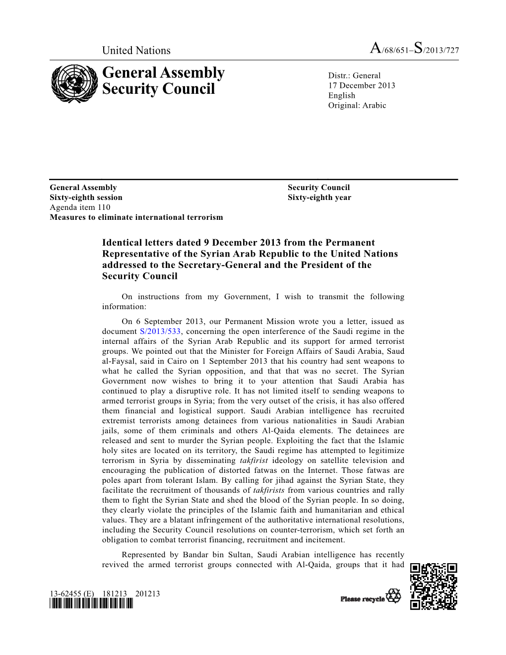 General Assembly Security Council Sixty-Eighth Session Sixty-Eighth Year Agenda Item 110 Measures to Eliminate International Terrorism