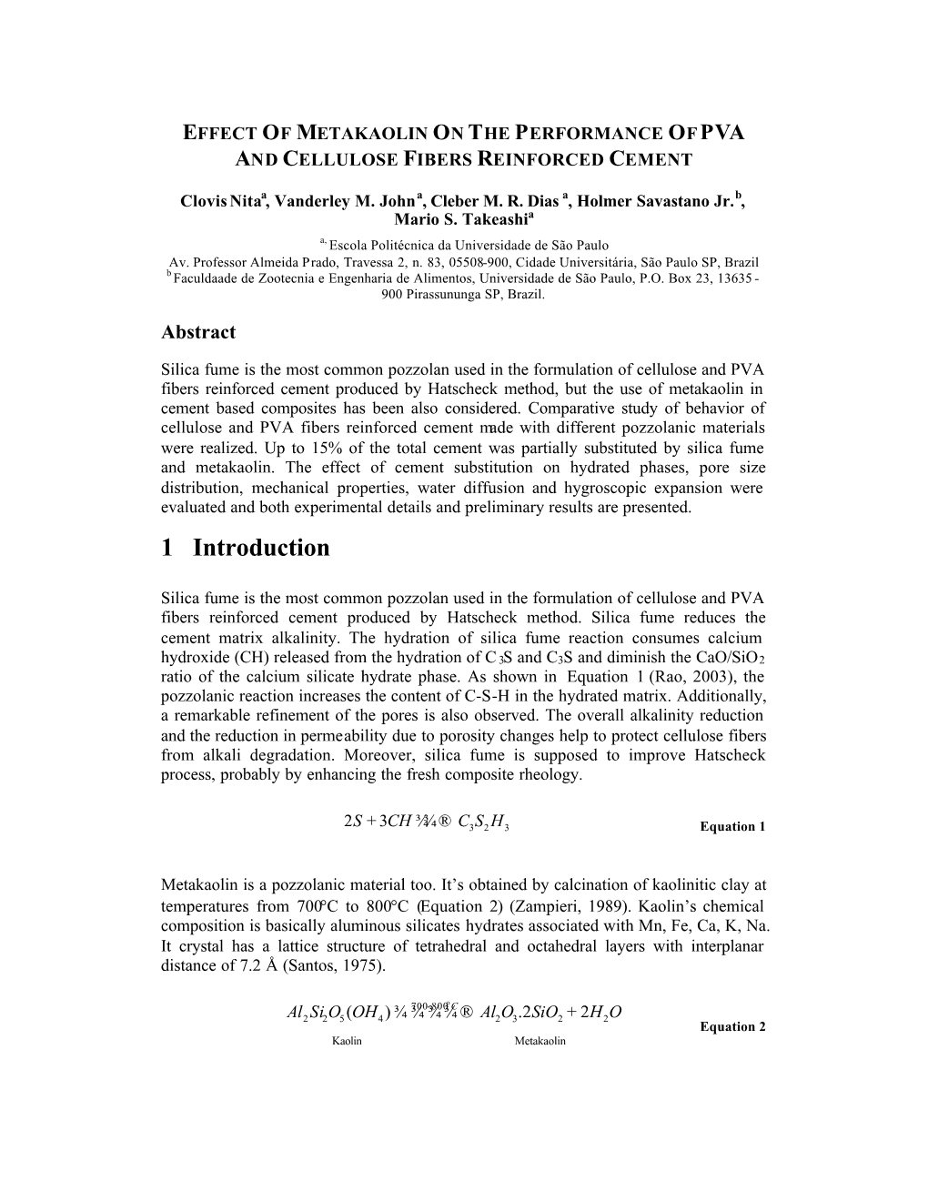 Effect of Metakaolin on the Performance of Pva and Cellulose Fibers Reinforced Cement
