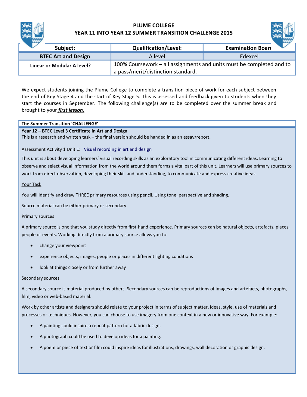 Year 11 Into Year 12 Summer Transition Challenge 2015