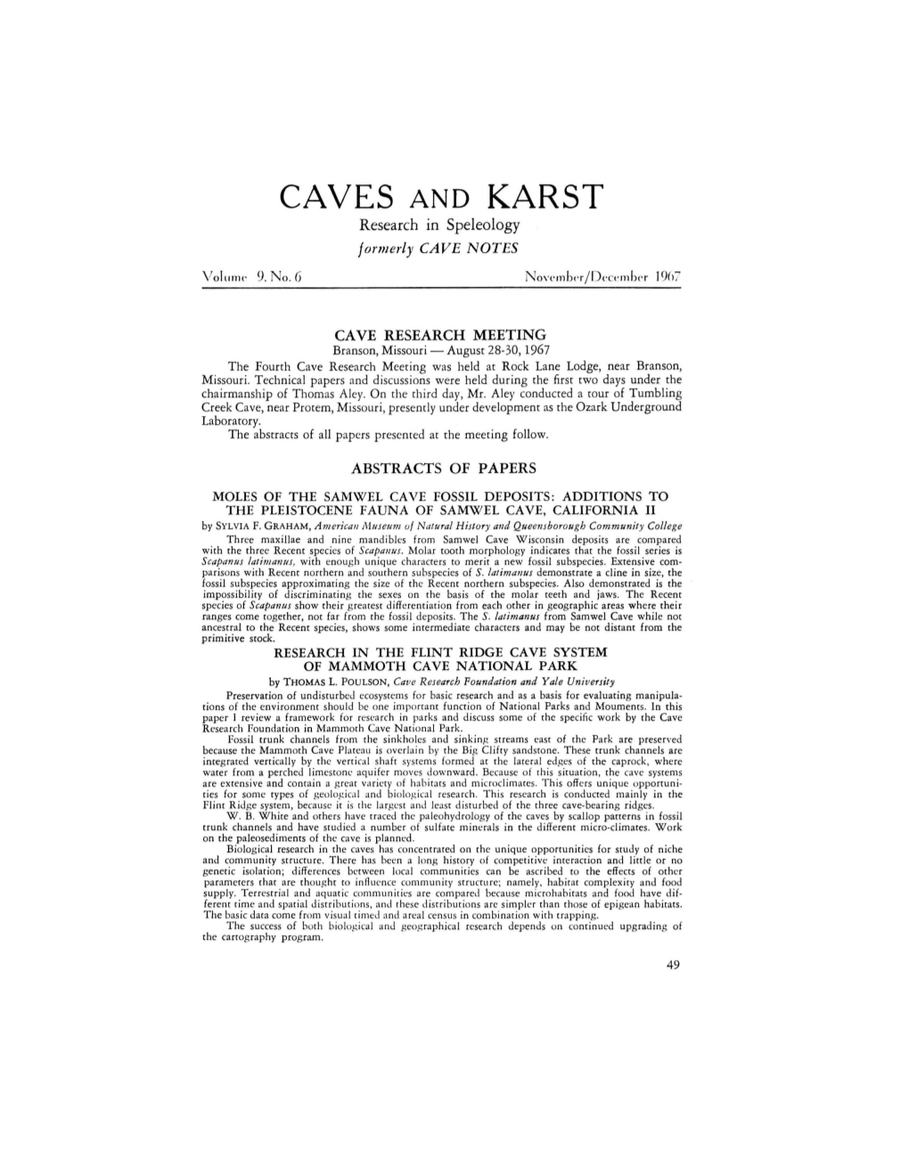 CAVES and KARST Research in Speleology Form Erly CAVE NOTES \Lolul11(, 9