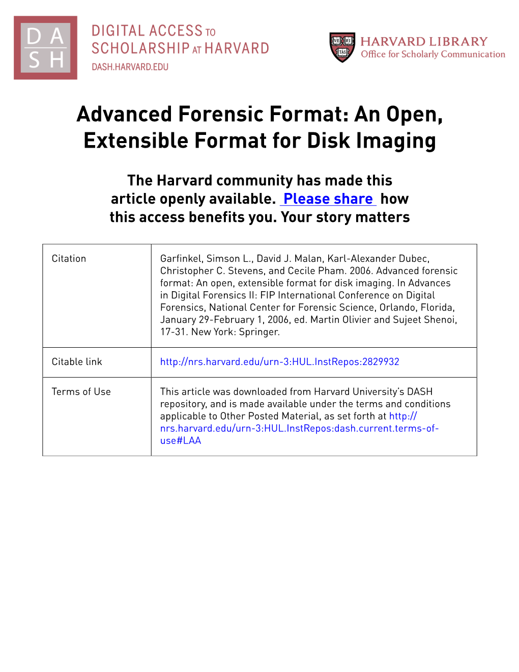 Advanced Forensic Format: an Open, Extensible Format for Disk Imaging