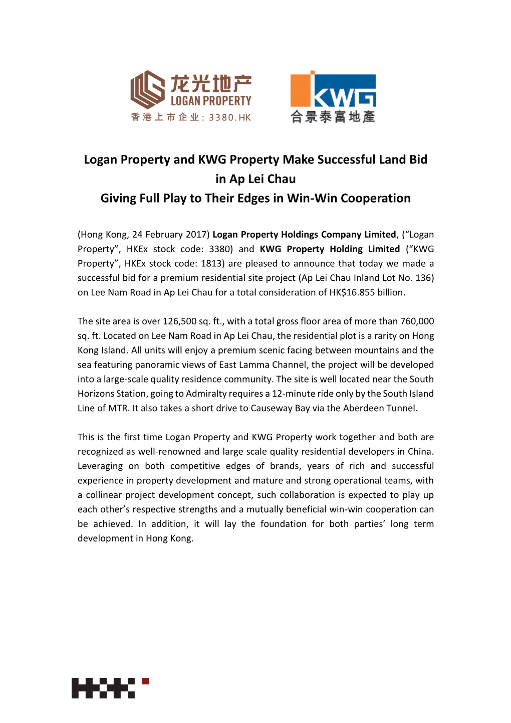 Logan Property and KWG Property Make Successful Land Bid in Ap Lei Chau Giving Full Play to Their Edges in Win-Win Cooperation