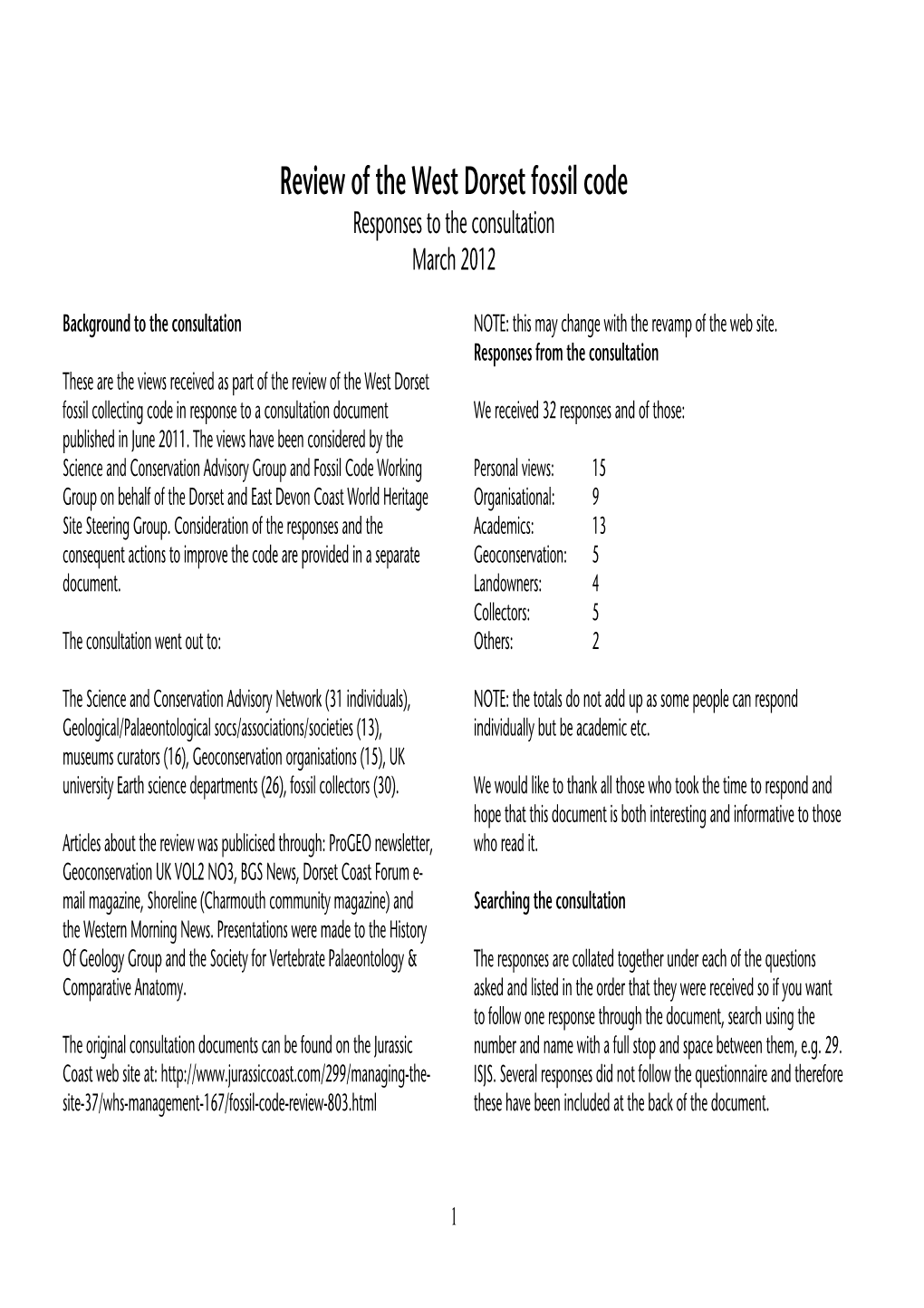 Review of the West Dorset Fossil Code Responses to the Consultation March 2012