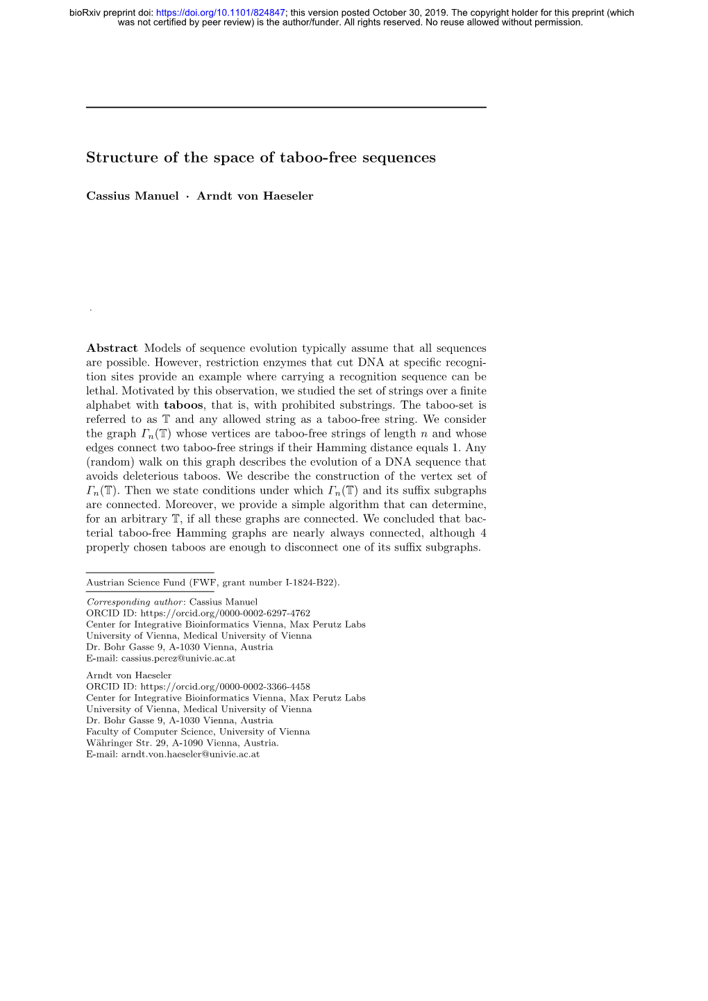 Structure of the Space of Taboo-Free Sequences