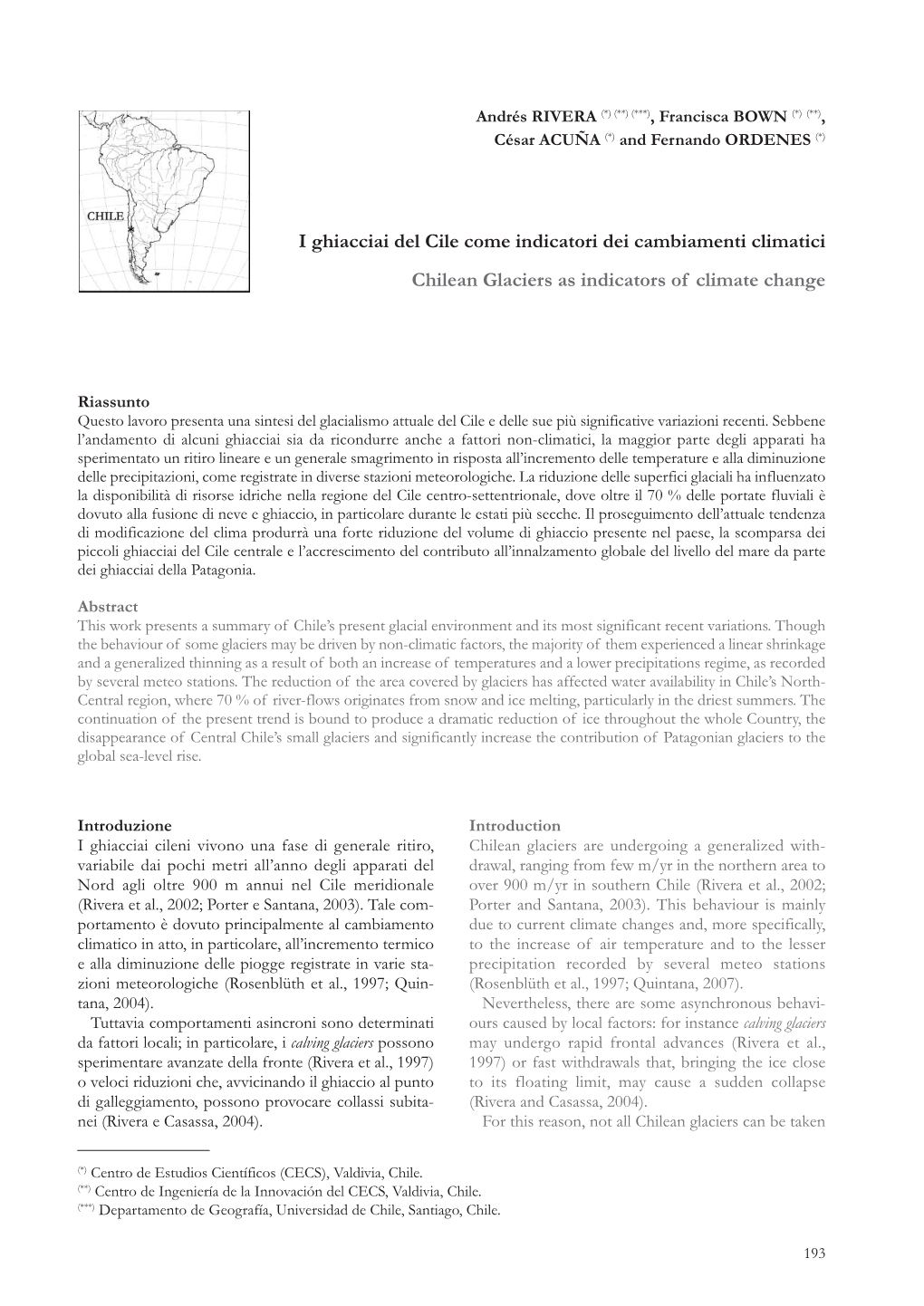 I Ghiacciai Del Cile Come Indicatori Dei Cambiamenti Climatici Chilean Glaciers As Indicators of Climate Change