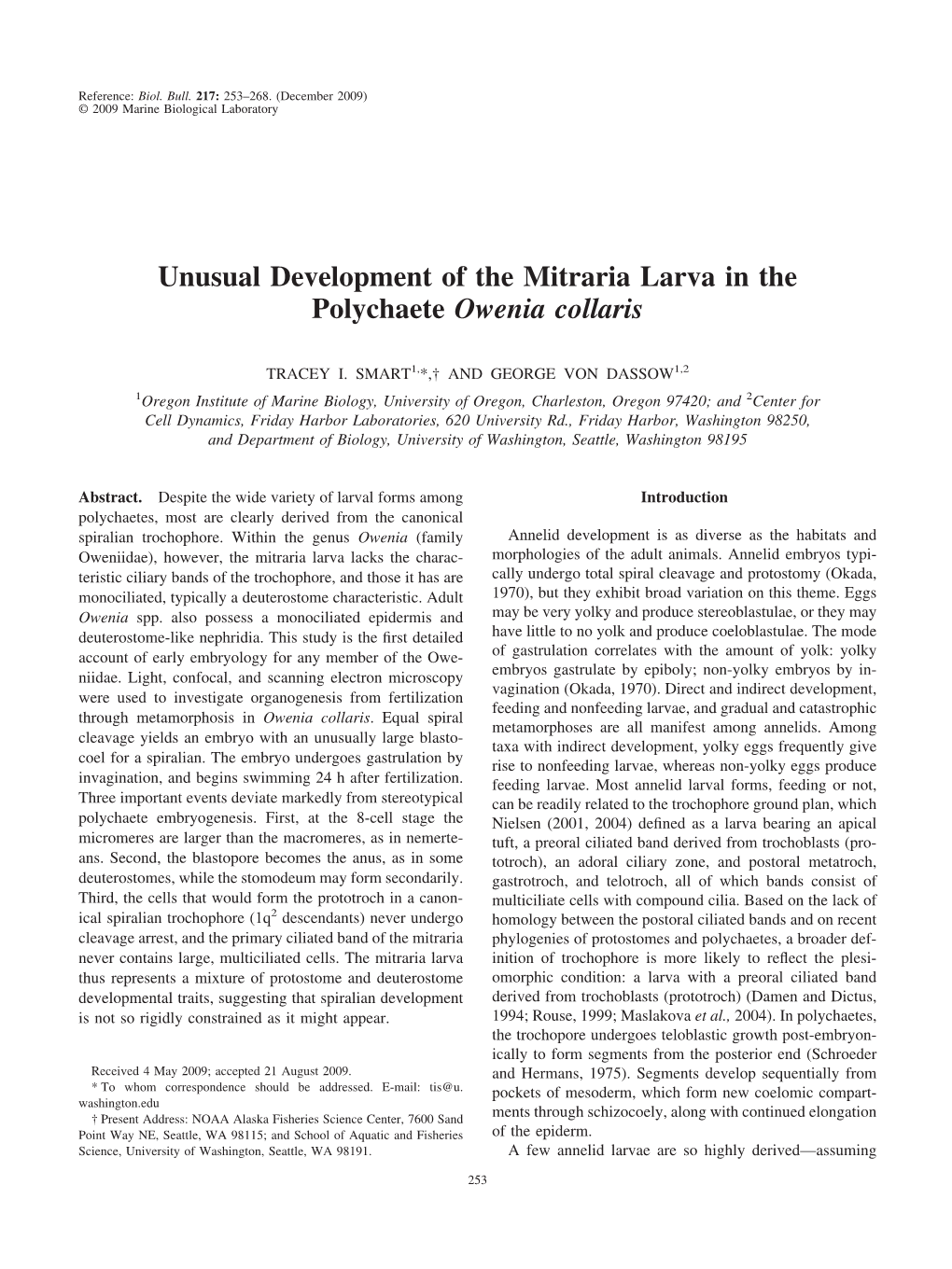 Unusual Development of the Mitraria Larva in the Polychaete Owenia Collaris