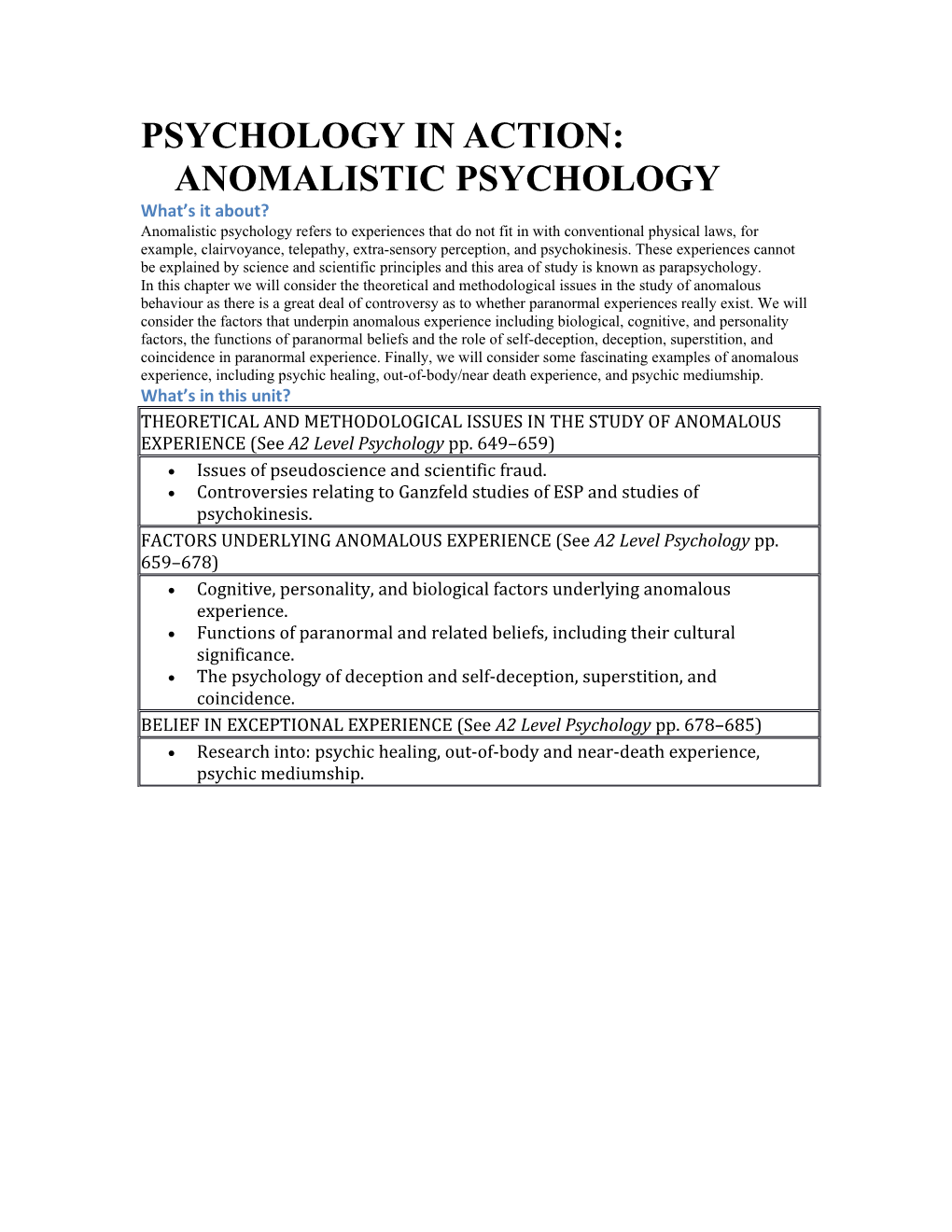 Psychology in Action: Anomalistic Psychology