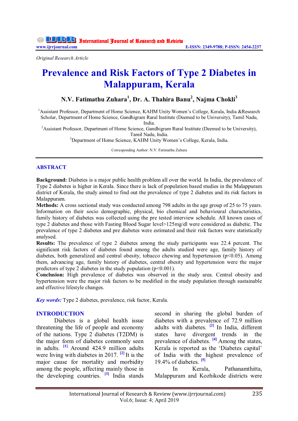 Prevalence and Risk Factors of Type 2 Diabetes in Malappuram, Kerala