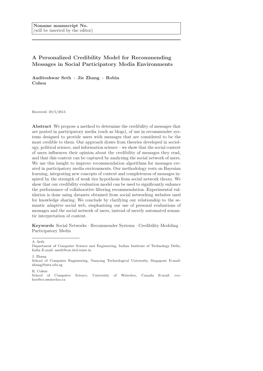 A Personalized Credibility Model for Recommending Messages in Social Participatory Media Environments