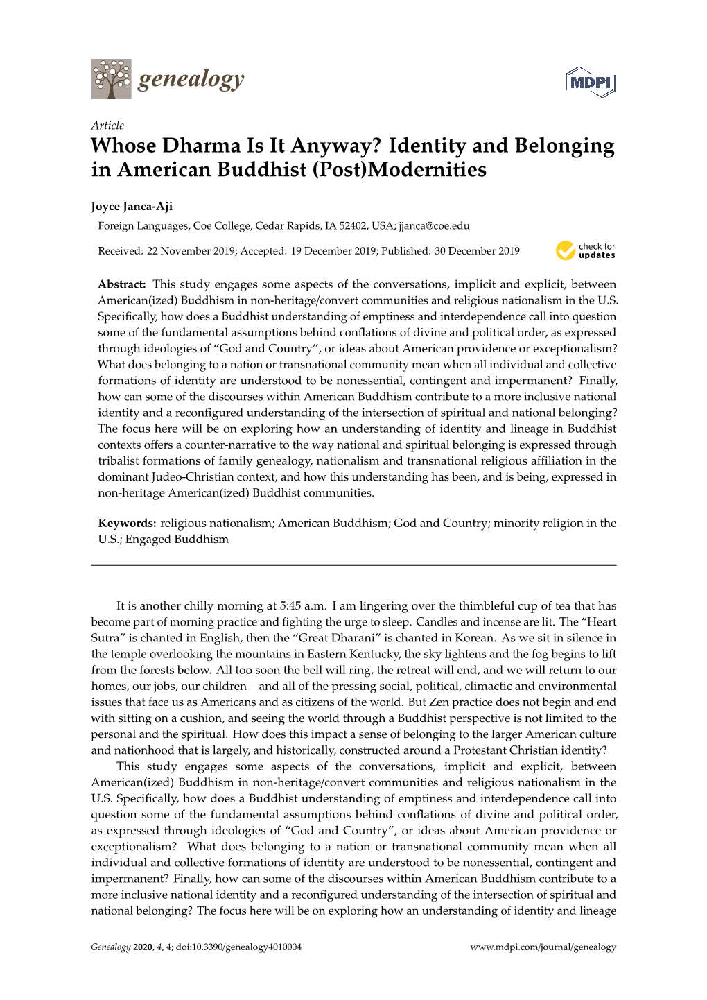 Identity and Belonging in American Buddhist (Post)Modernities