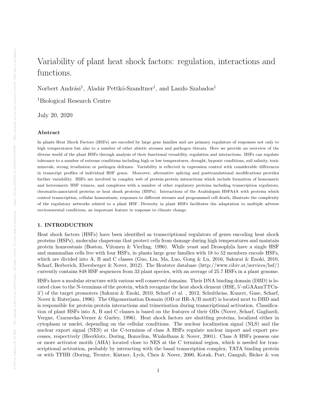 Variability of Plant Heat Shock Factors