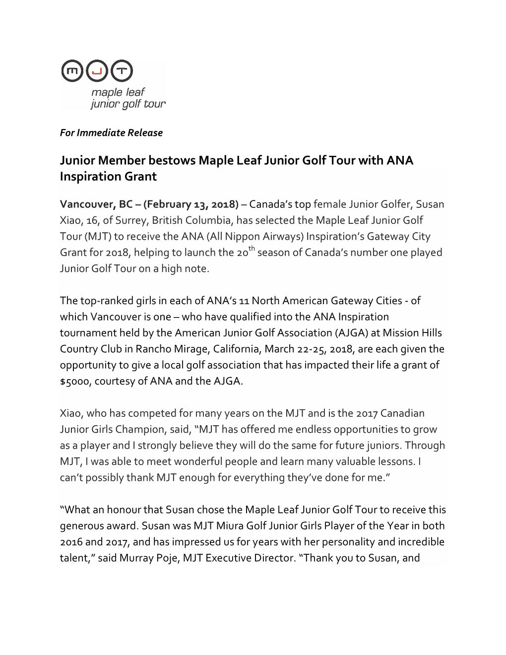 Junior Member Bestows Maple Leaf Junior Golf Tour with ANA Inspiration Grant