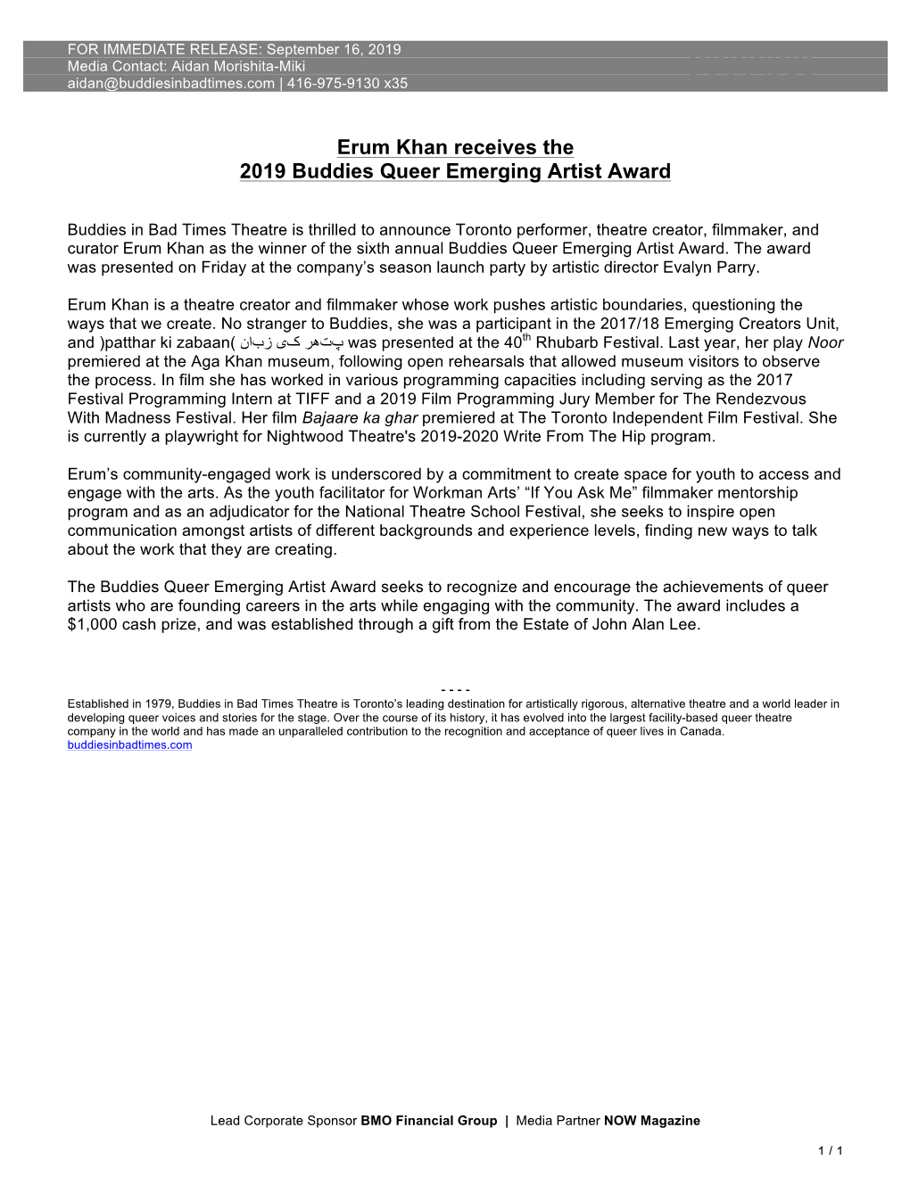 Erum Khan Receives the 2019 Buddies Queer Emerging Artist Award