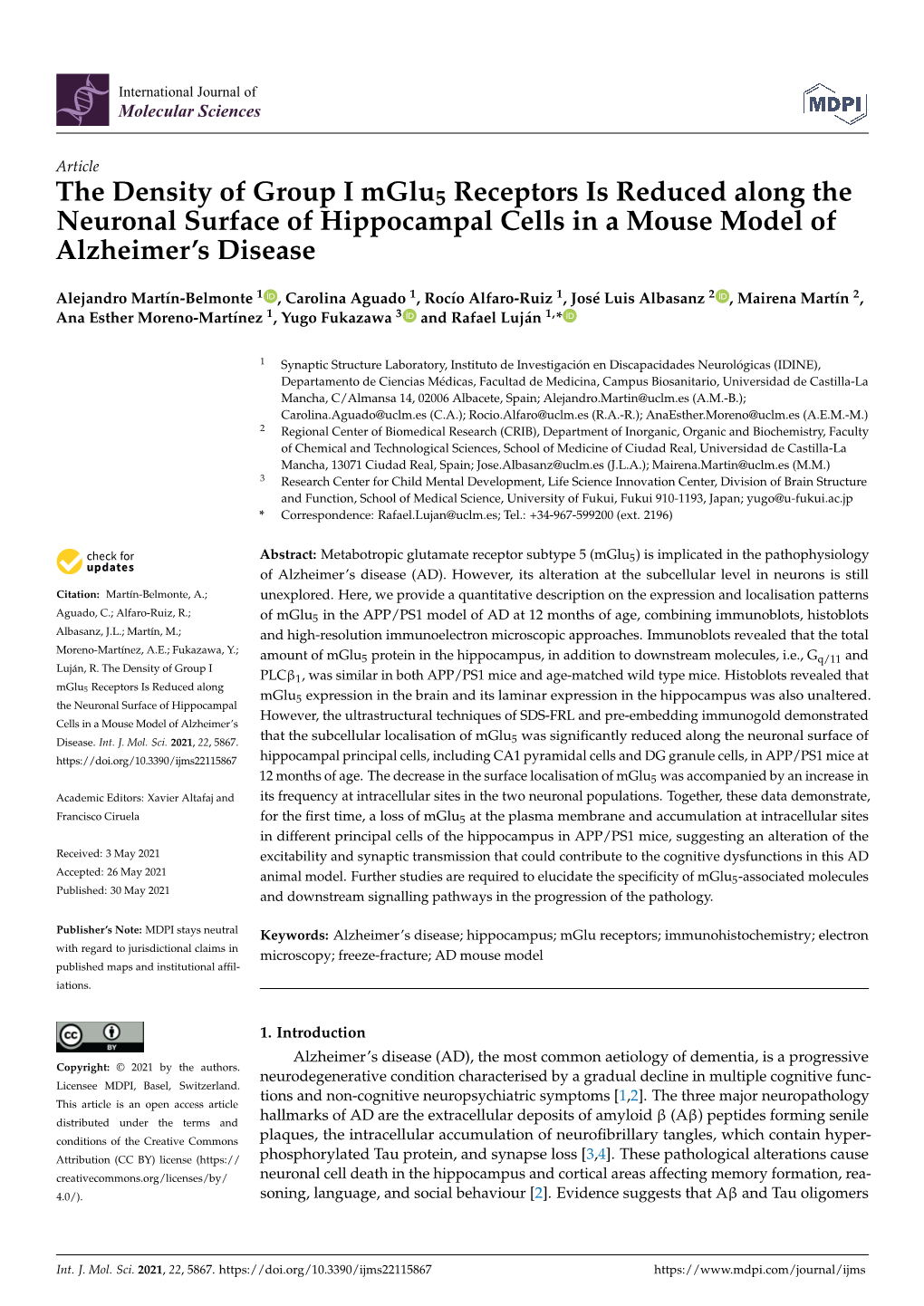 The Density of Group I Mglu5 Receptors Is Reduced Along the Neuronal Surface of Hippocampal Cells in a Mouse Model of Alzheimer’S Disease