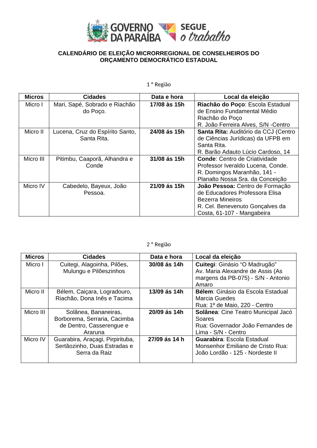 Calendário De Eleição Microrregional De Conselheiros Do Orçamento Democrático Estadual