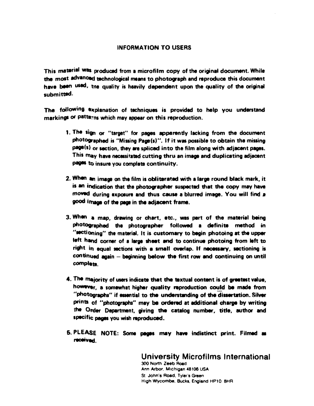 University Microfilms International 300 North Zeeb Road Ann Arbor Michigan 48106 USA St John's Road