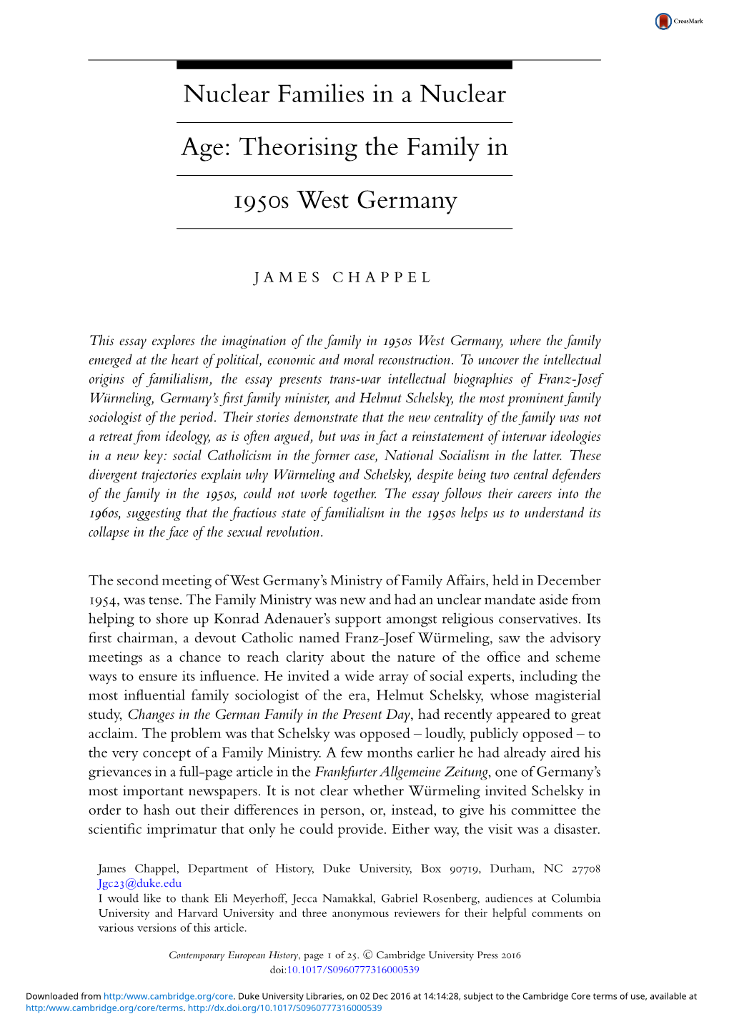 Nuclear Families in a Nuclear Age: Theorising the Family in 1950S West Germany