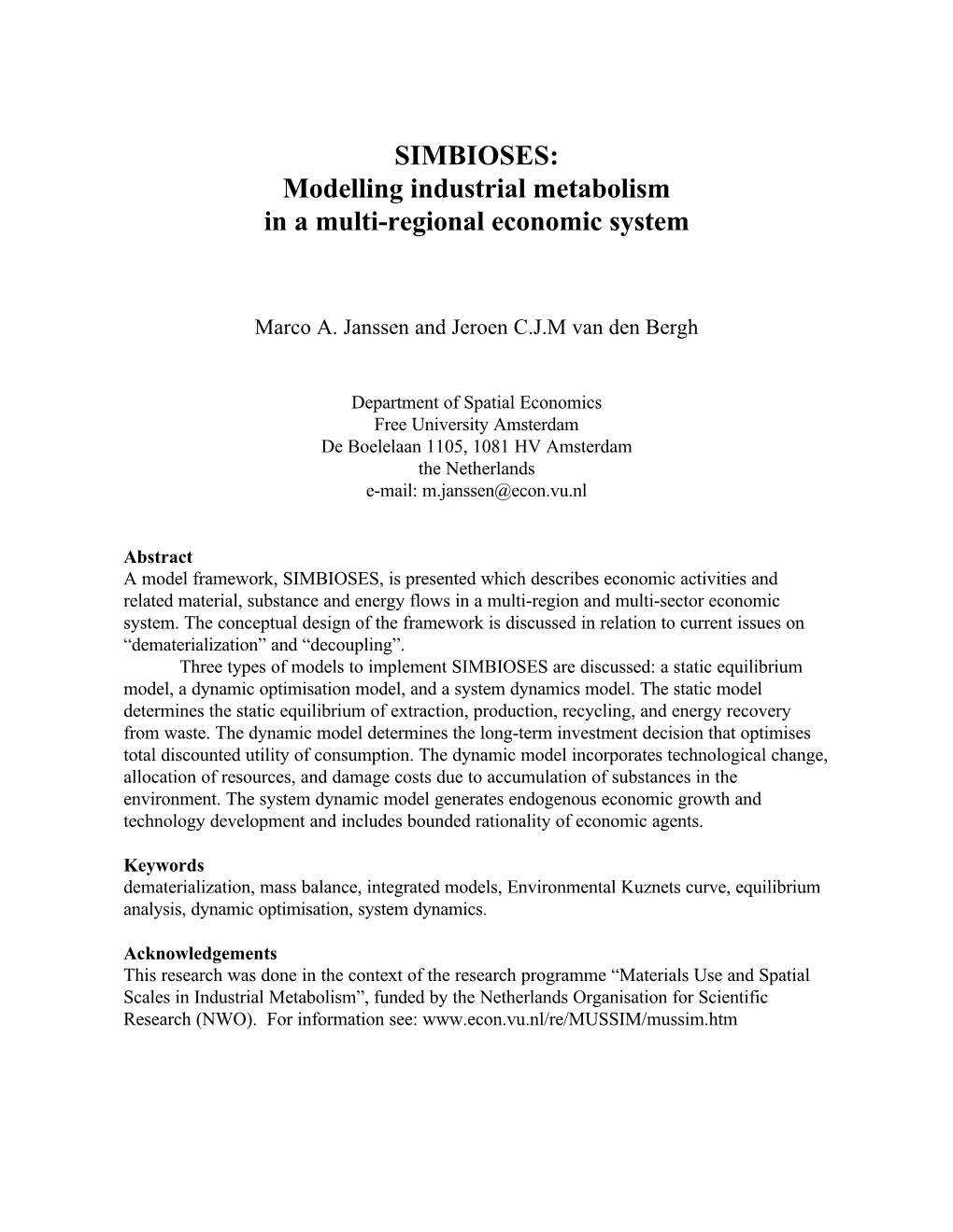 SIMBIOSES: Modelling Industrial Metabolism in a Multi-Regional Economic System