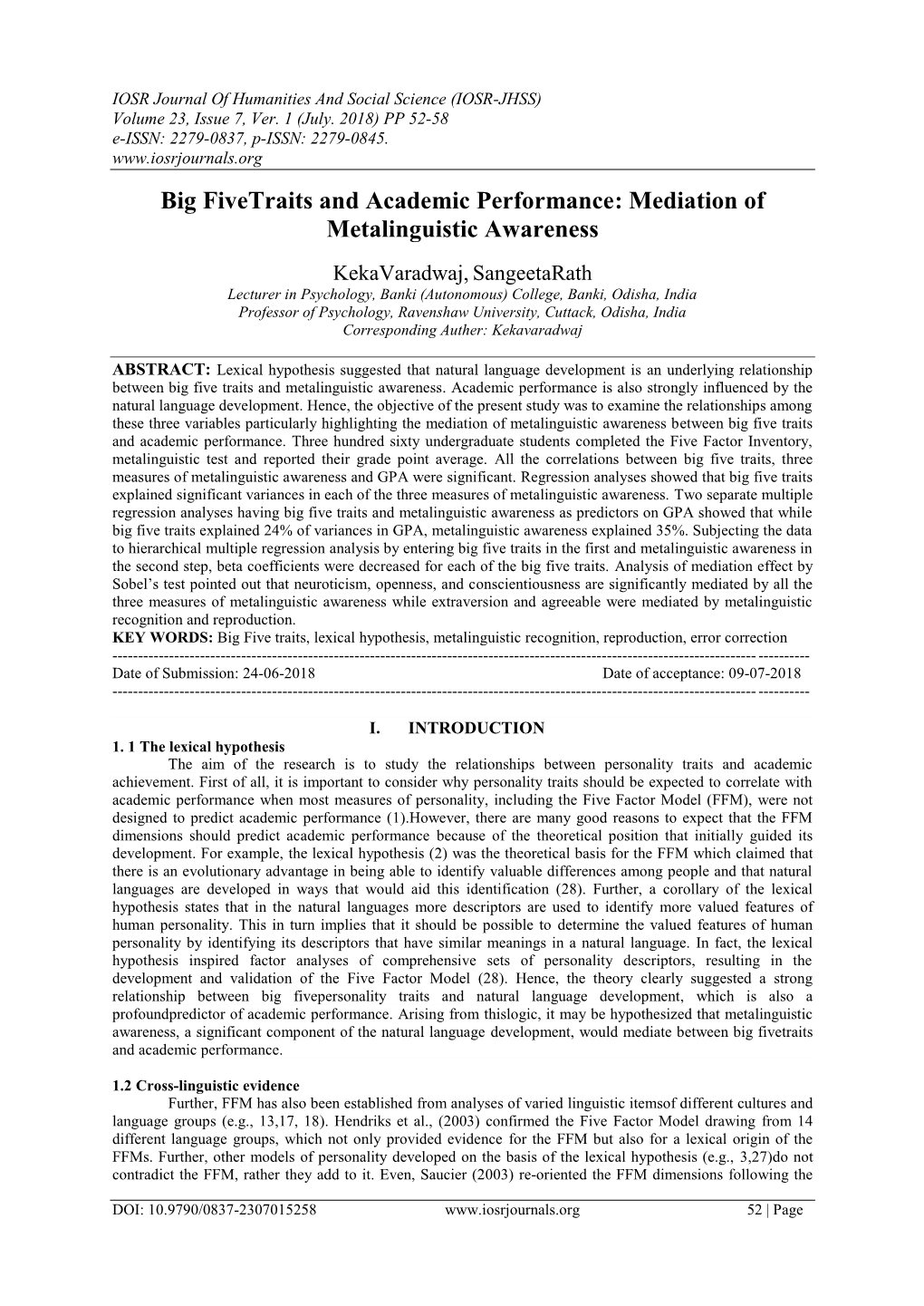 Big Fivetraits and Academic Performance: Mediation of Metalinguistic Awareness
