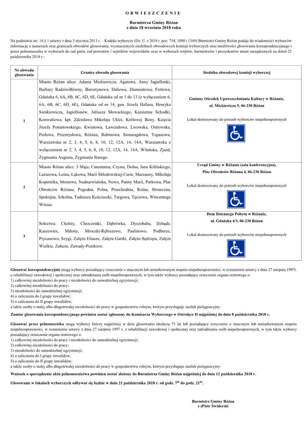 OBWIESZCZENIE Burmistrza Gminy Różan Z Dnia 18 Września 2018