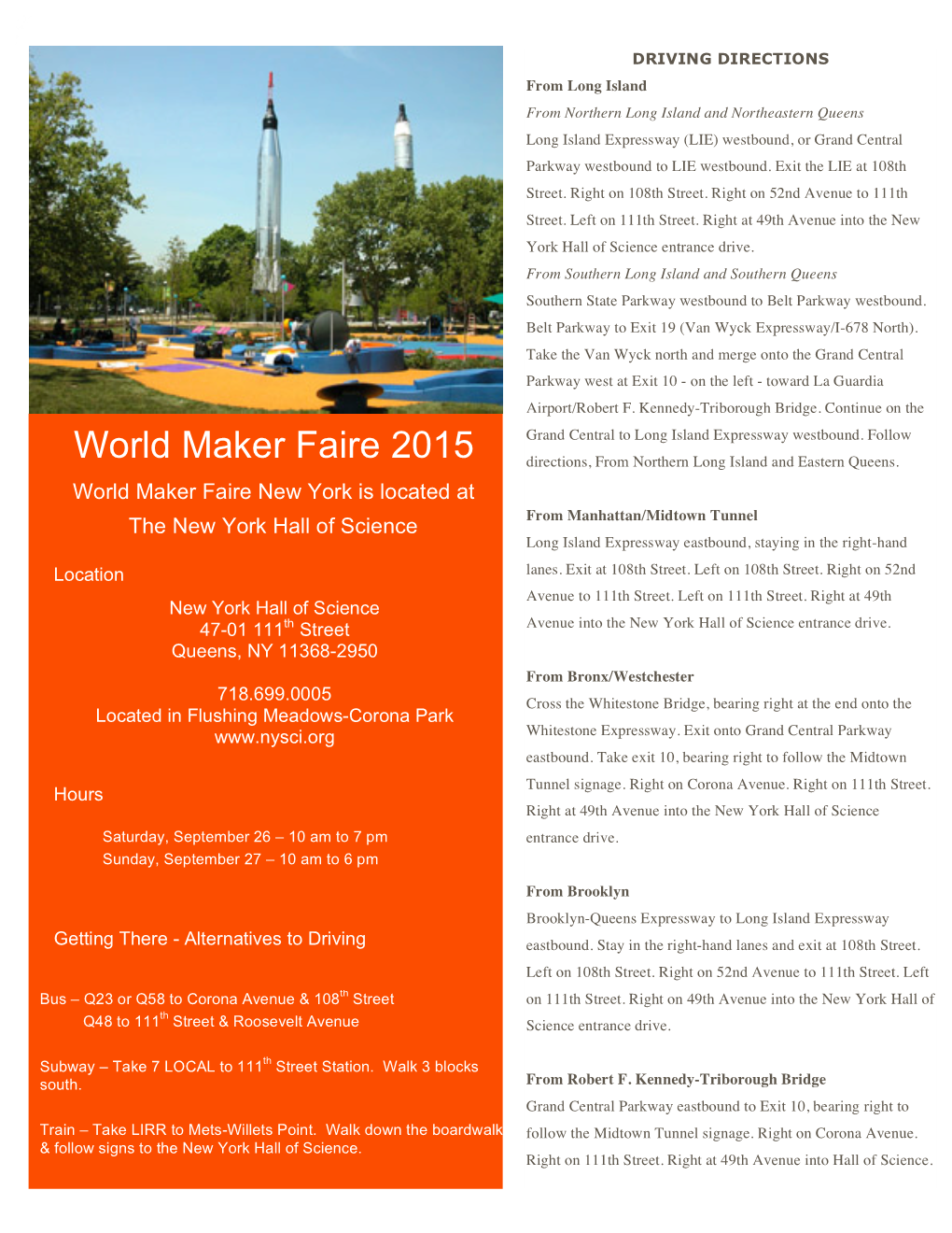 World Maker Faire 2015 Directions, from Northern Long Island and Eastern Queens