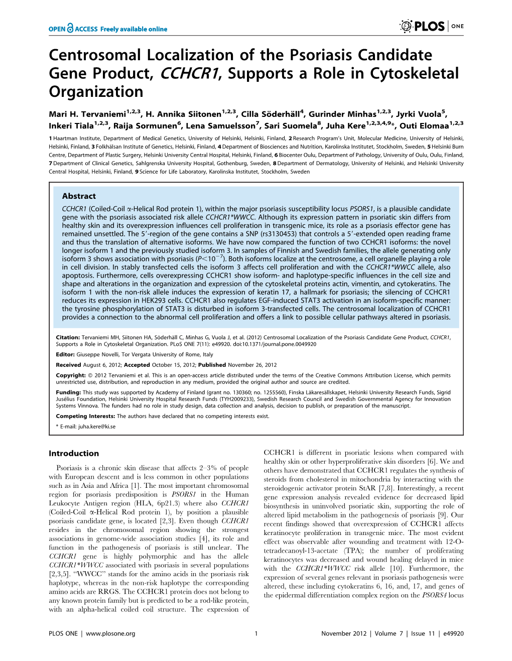 Centrosomal Localization of the Psoriasis Candidate Gene Product, CCHCR1, Supports a Role in Cytoskeletal Organization