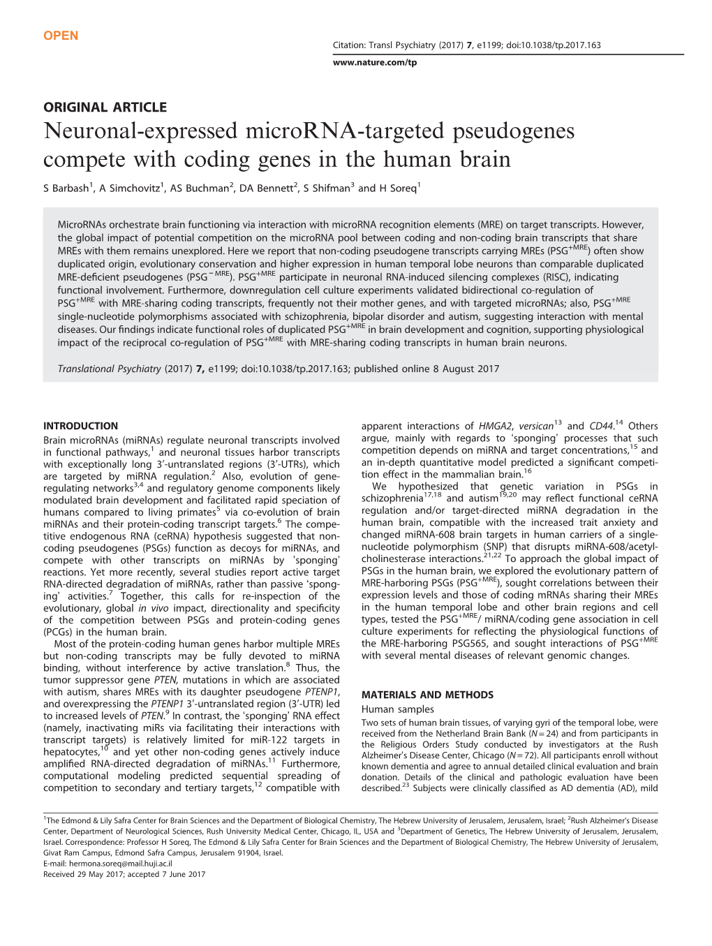 Neuronal-Expressed Microrna-Targeted Pseudogenes Compete with Coding Genes in the Human Brain
