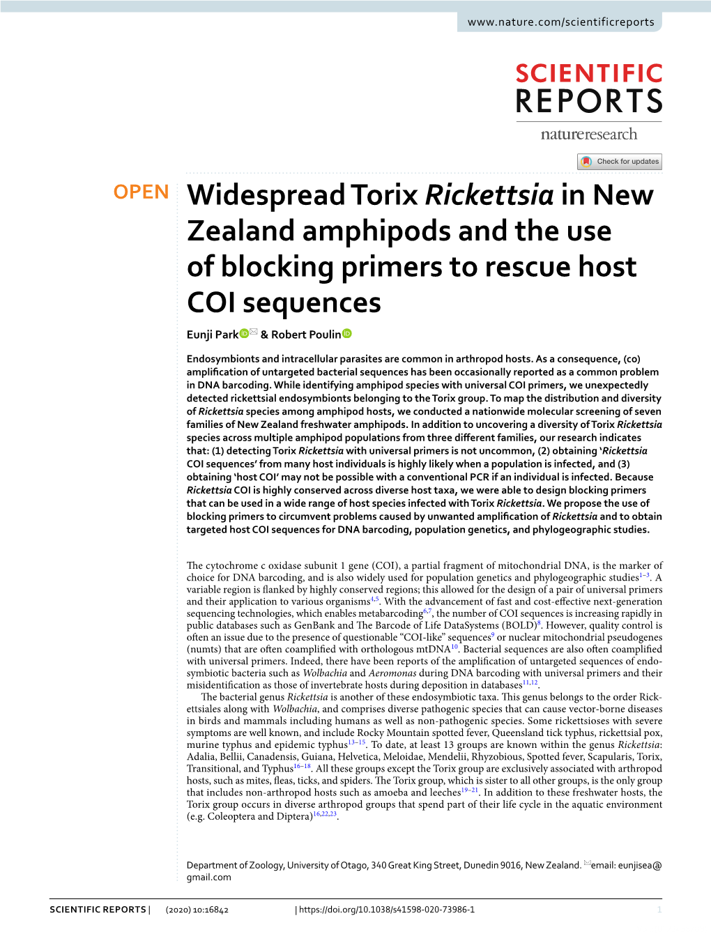 Widespread Torix Rickettsia in New Zealand Amphipods and the Use of Blocking Primers to Rescue Host COI Sequences Eunji Park * & Robert Poulin
