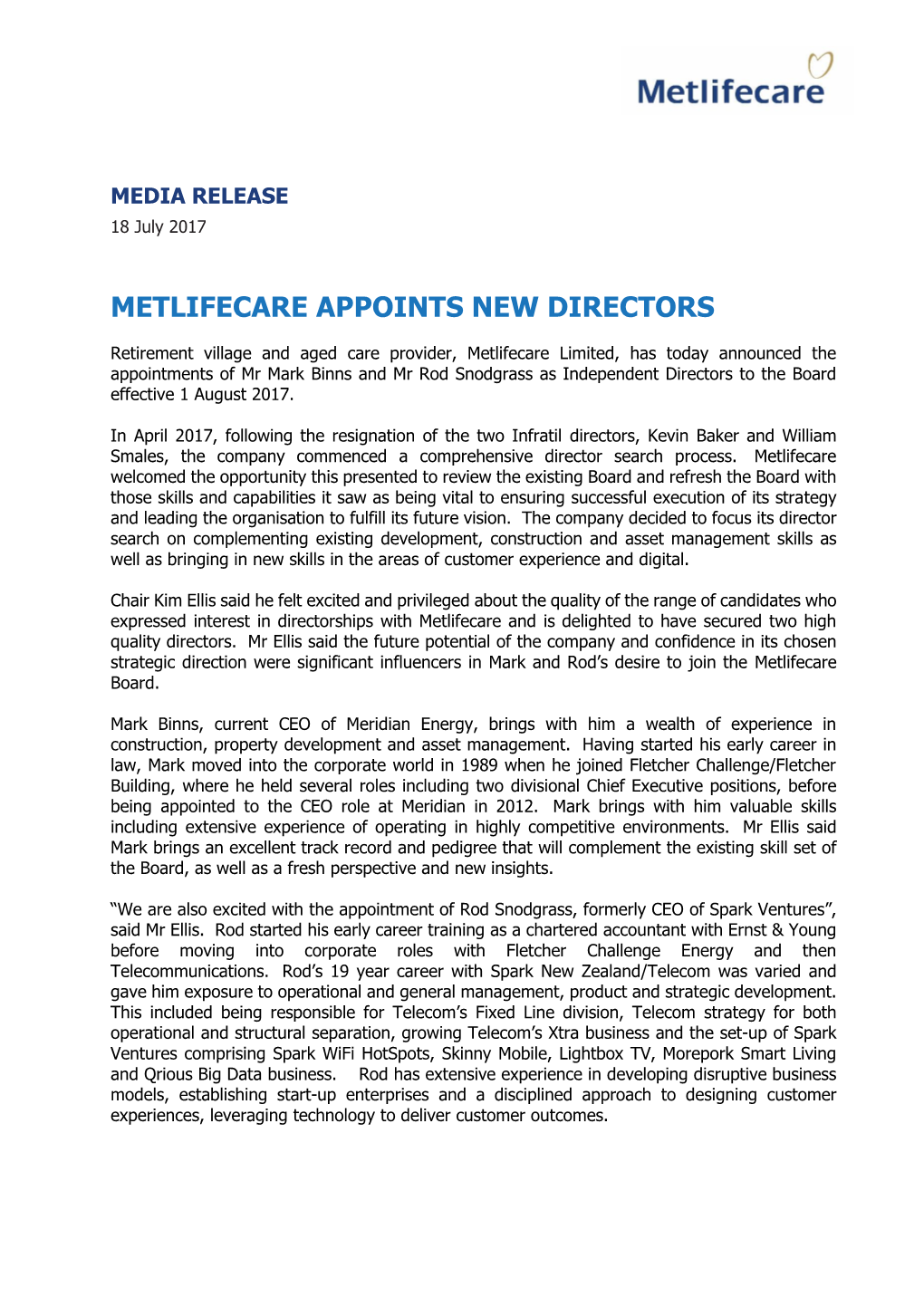 Metlifecare Appoints New Directors