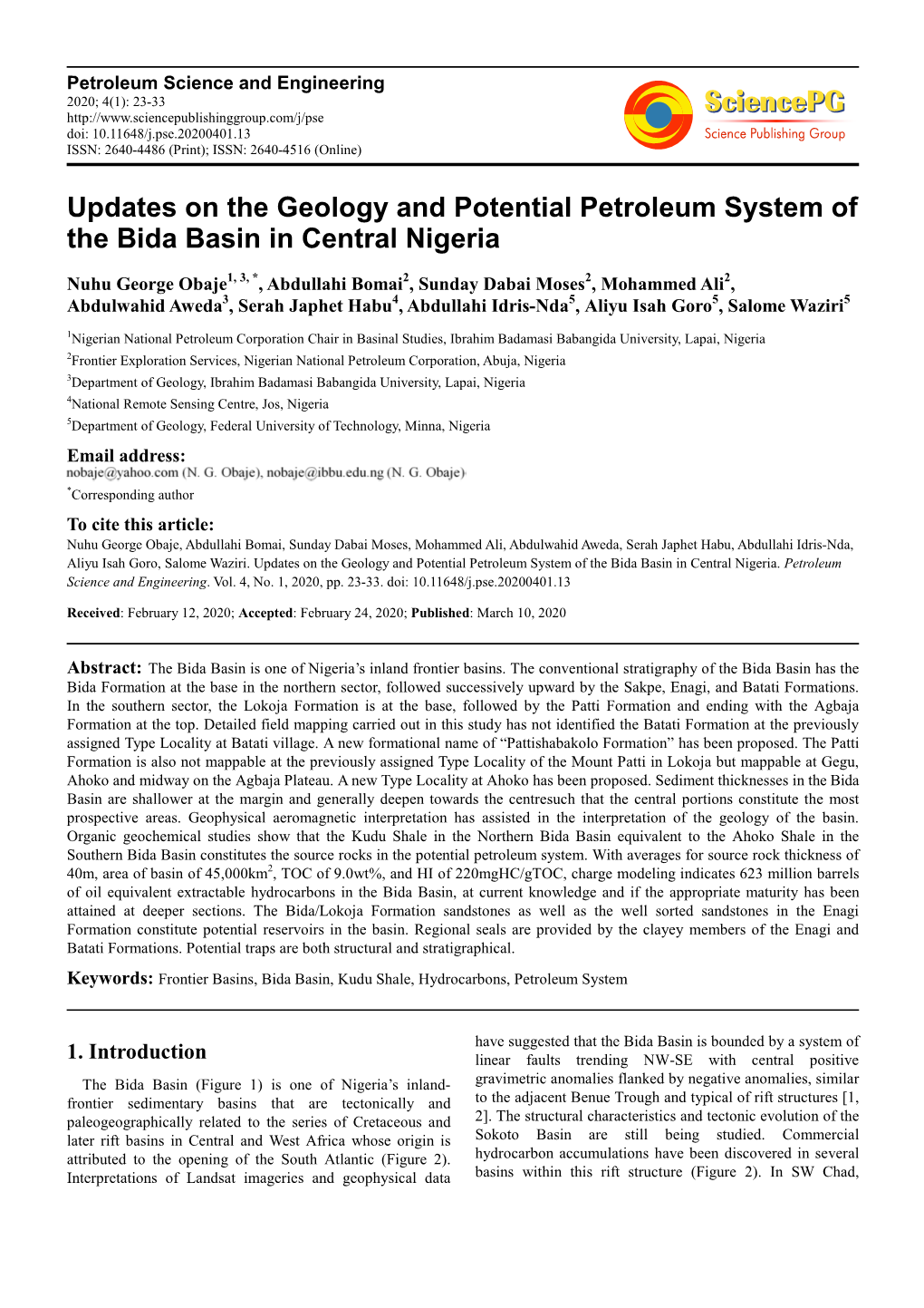 Updates on the Geology and Potential Petroleum System of the Bida Basin in Central Nigeria