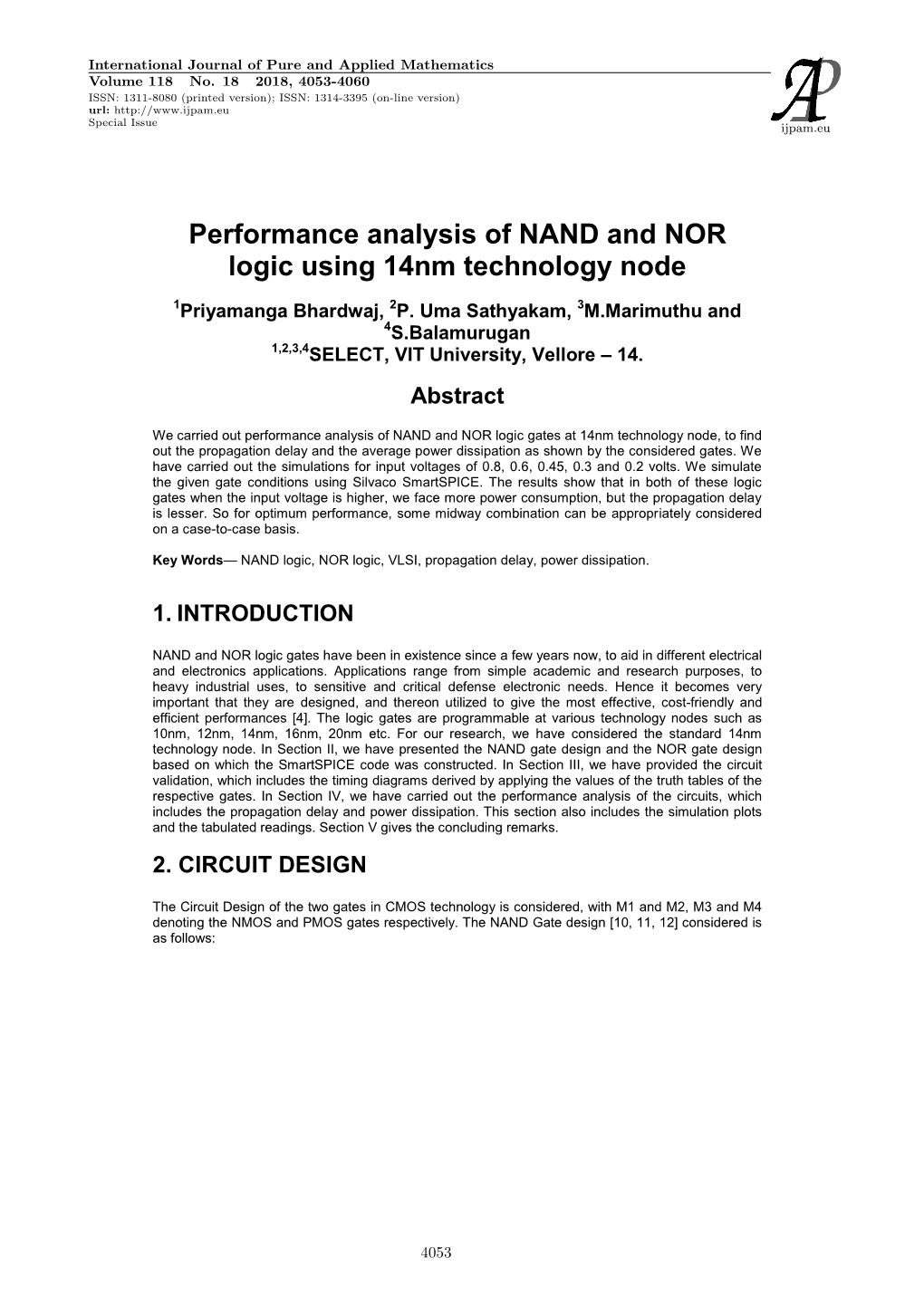 Performance Analysis of NAND and NOR Logic Using 14Nm Technology Node