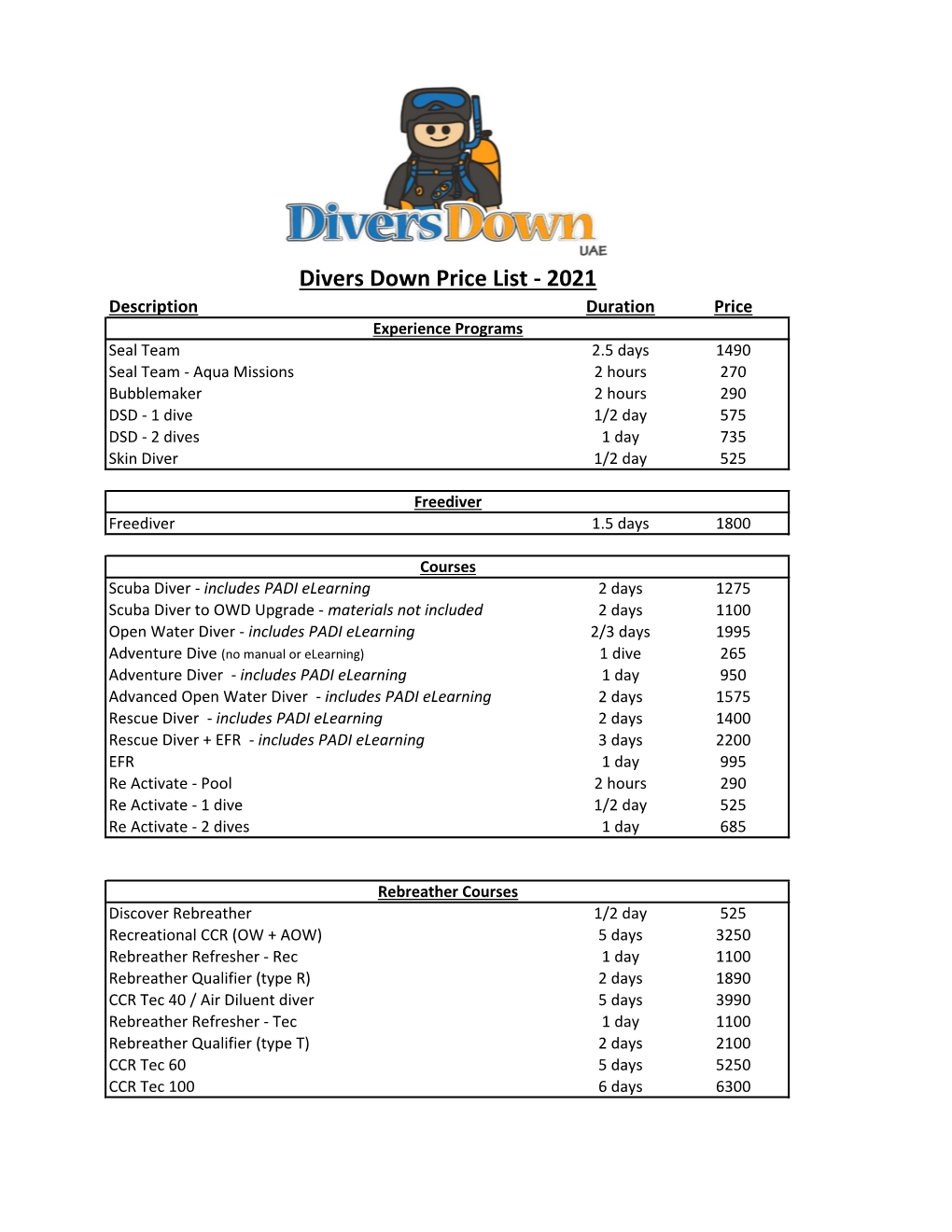 2021 Price List