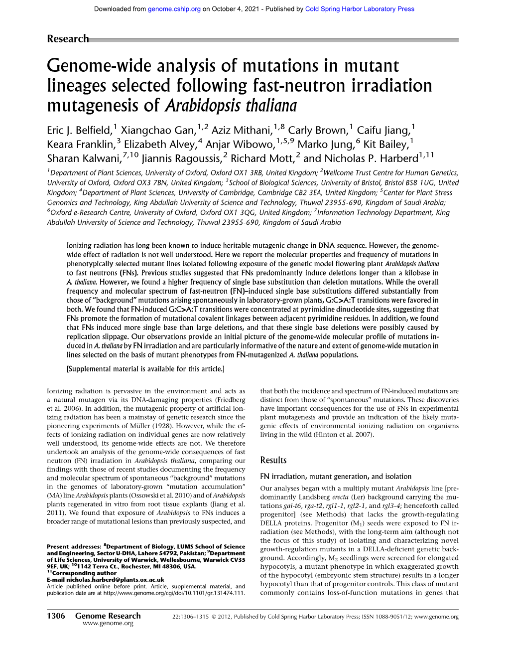 Genome-Wide Analysis of Mutations in Mutant Lineages Selected Following Fast-Neutron Irradiation Mutagenesis of Arabidopsis Thaliana