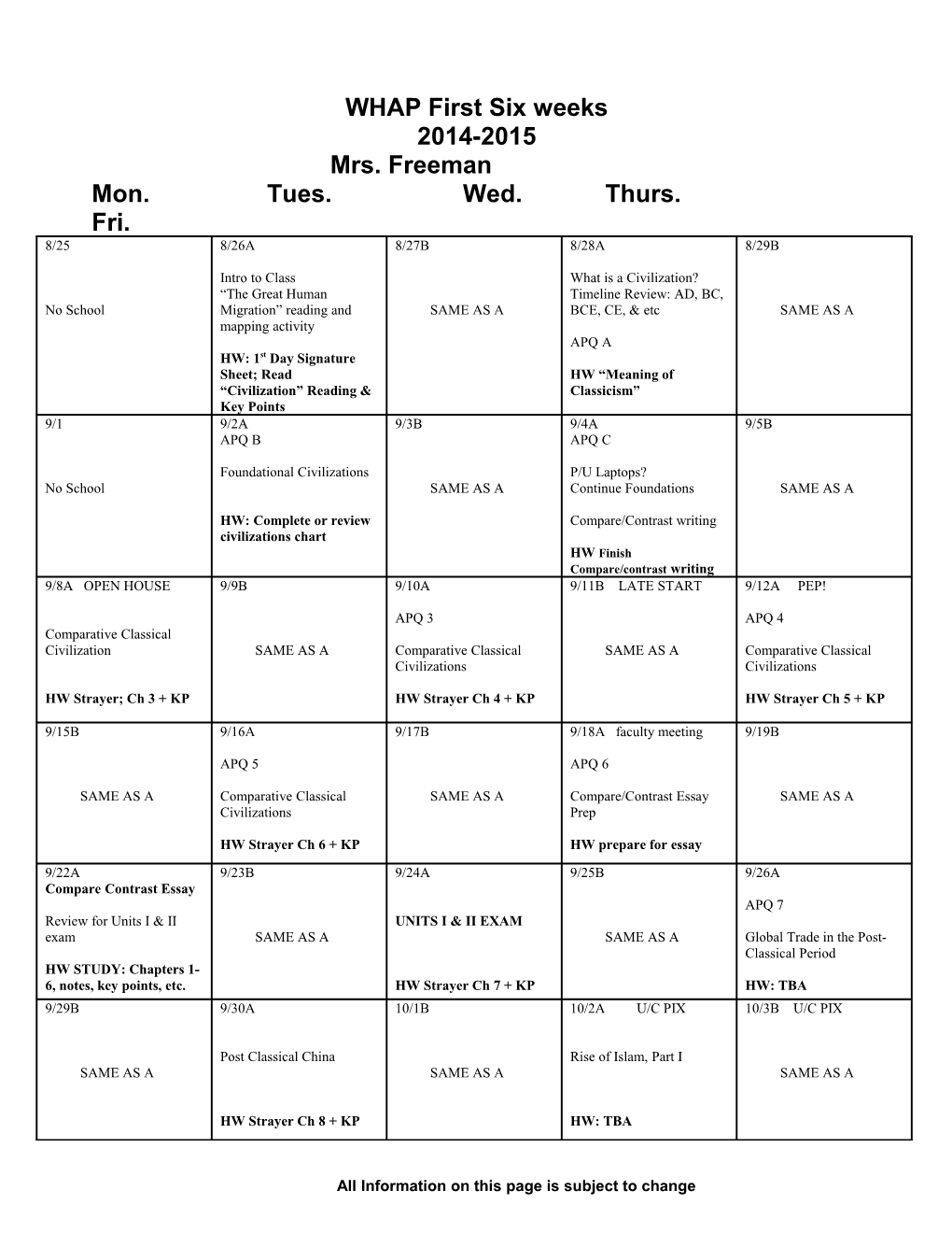 First Six Weeks Calendar 2006