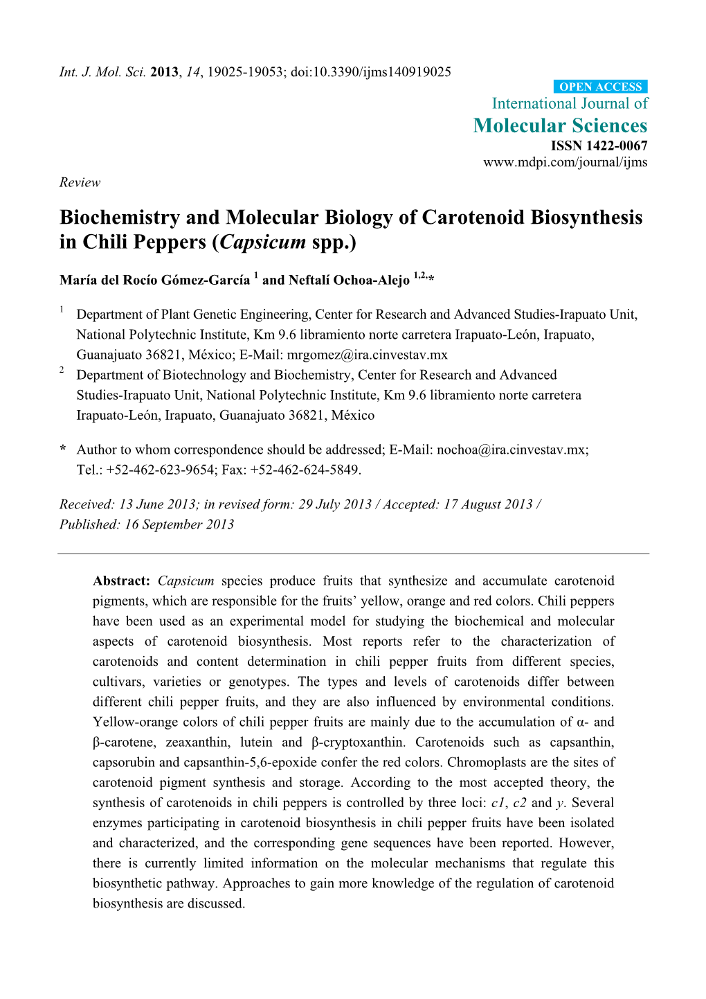 Biochemistry and Molecular Biology of Carotenoid Biosynthesis in Chili Peppers (Capsicum Spp.)