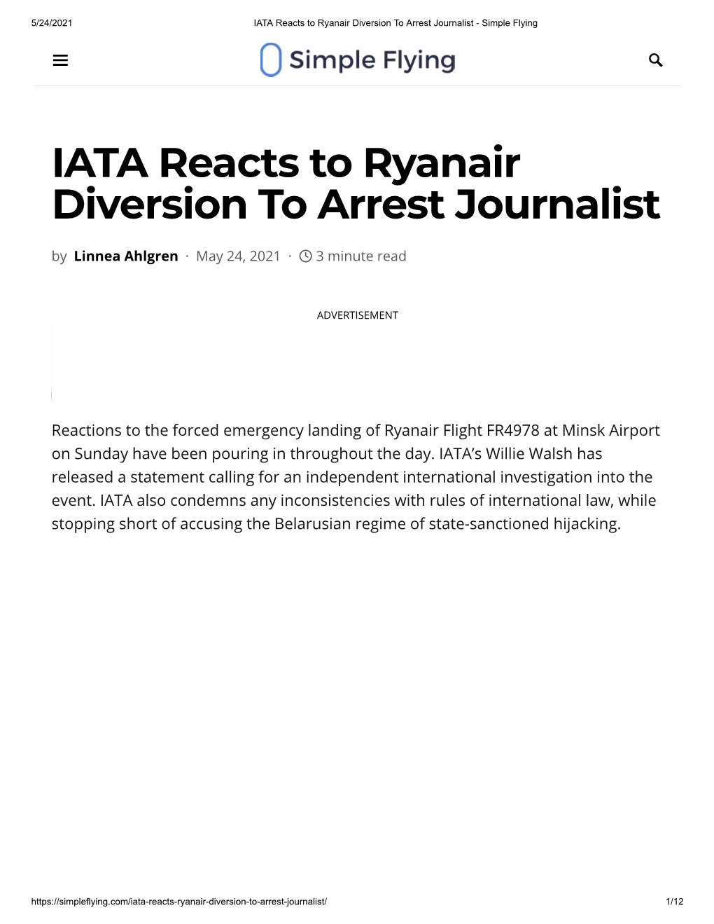 IATA Reacts to Ryanair Diversion to Arrest Journalist - Simple Flying
