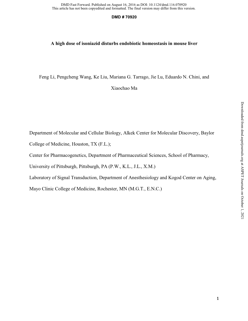 A High Dose of Isoniazid Disturbs Endobiotic Homeostasis in Mouse Liver