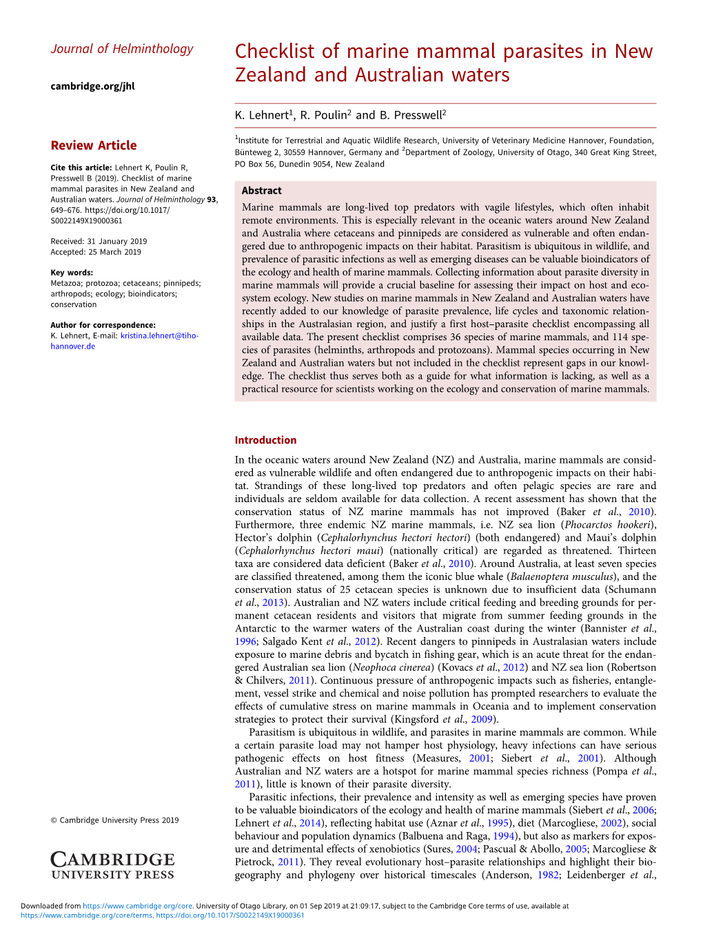 Checklist of Marine Mammal Parasites in New Zealand and Australian Waters Cambridge.Org/Jhl