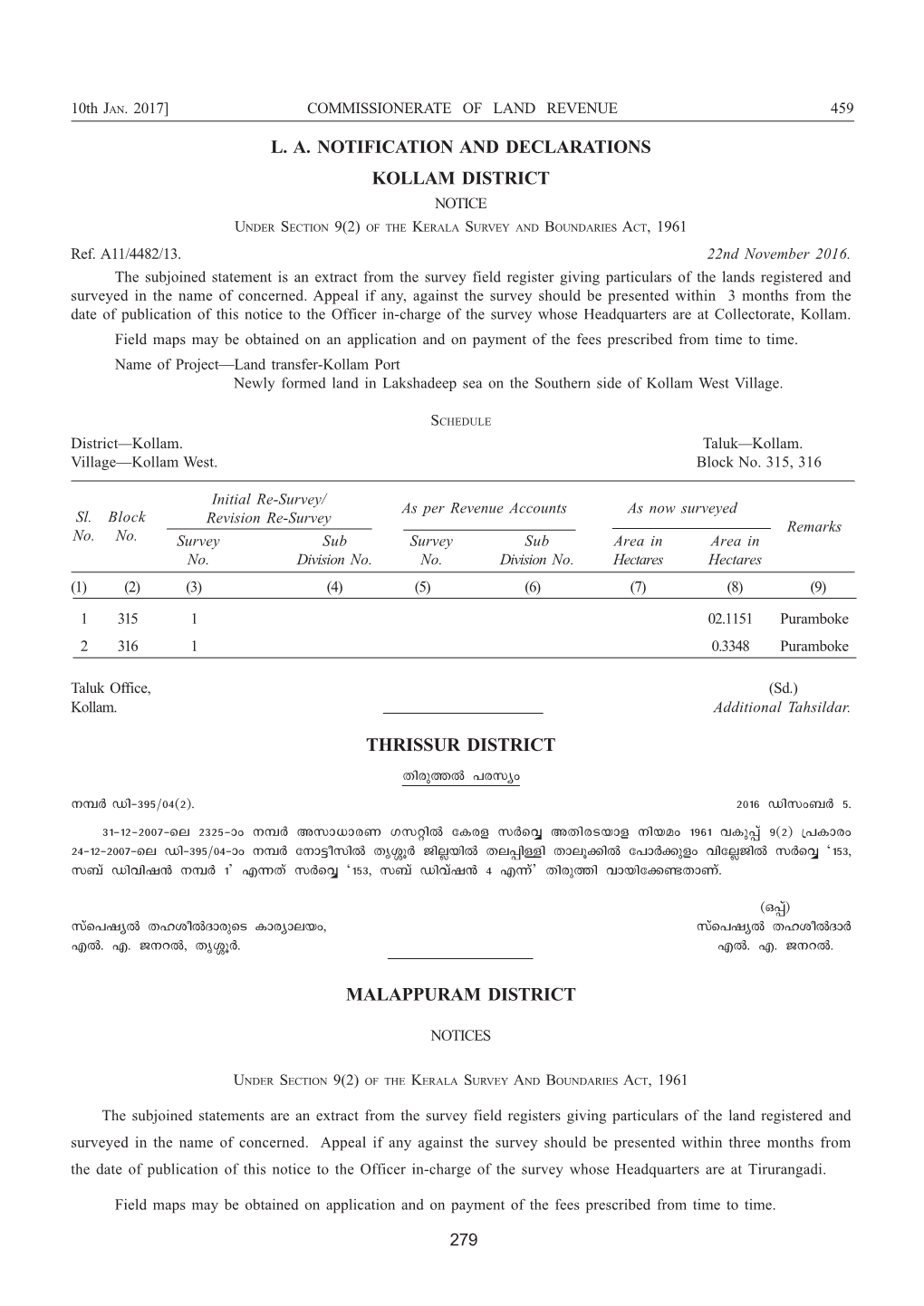 L. A. NOTIFICATION and DECLARATIONS KOLLAM DISTRICT NOTICE UNDER SECTION 9(2) of the KERALA SURVEY and BOUNDARIES ACT, 1961 Ref