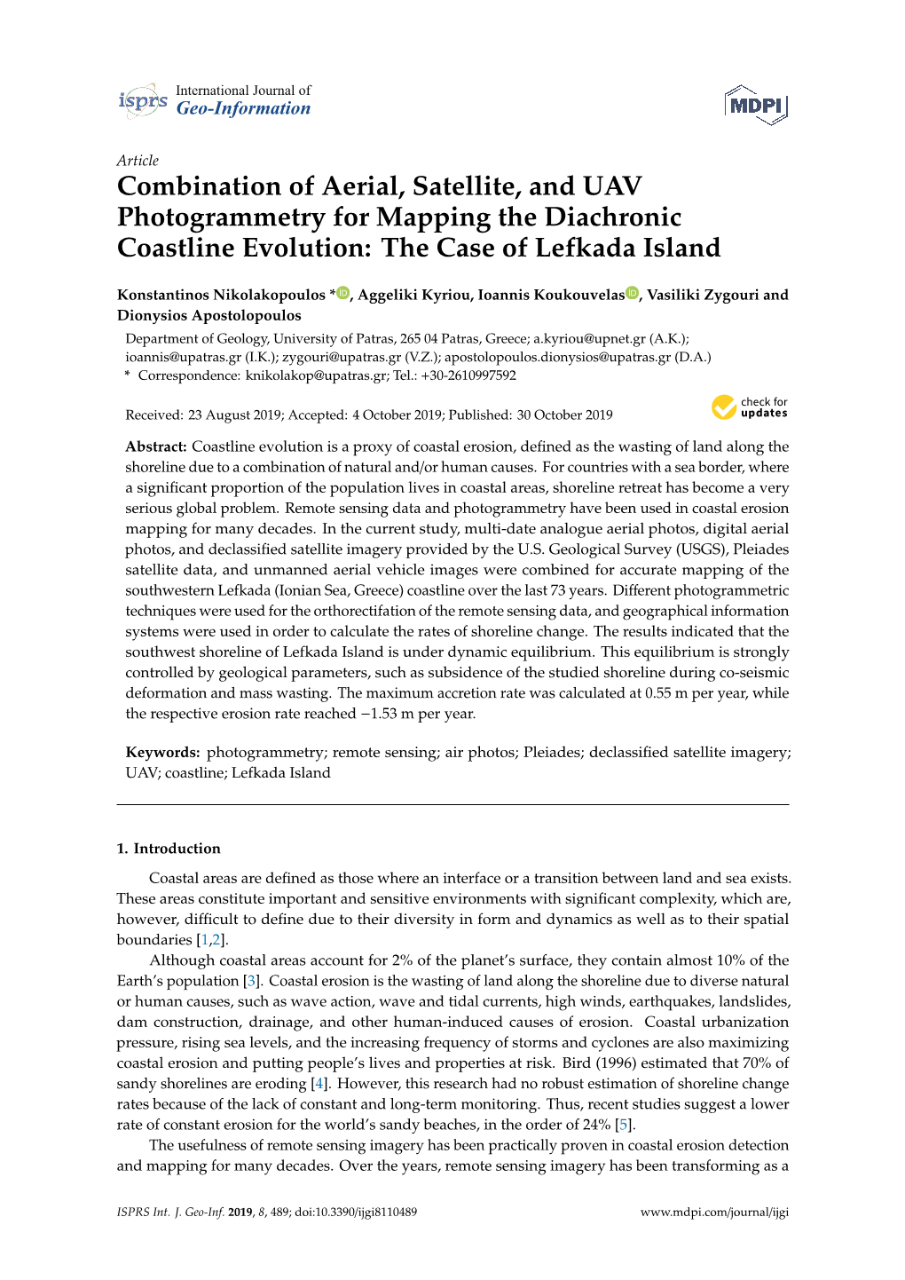 Combination of Aerial, Satellite, and UAV Photogrammetry for Mapping the Diachronic Coastline Evolution: the Case of Lefkada Island