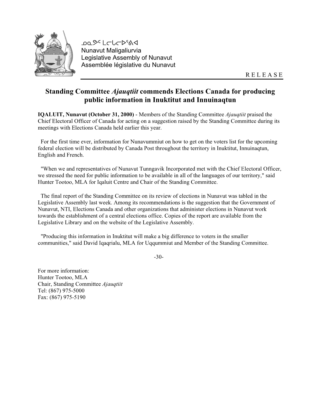 Standing Committee Ajauqtiit Commends Elections Canada for Producing Public Information in Inuktitut and Innuinaqtun